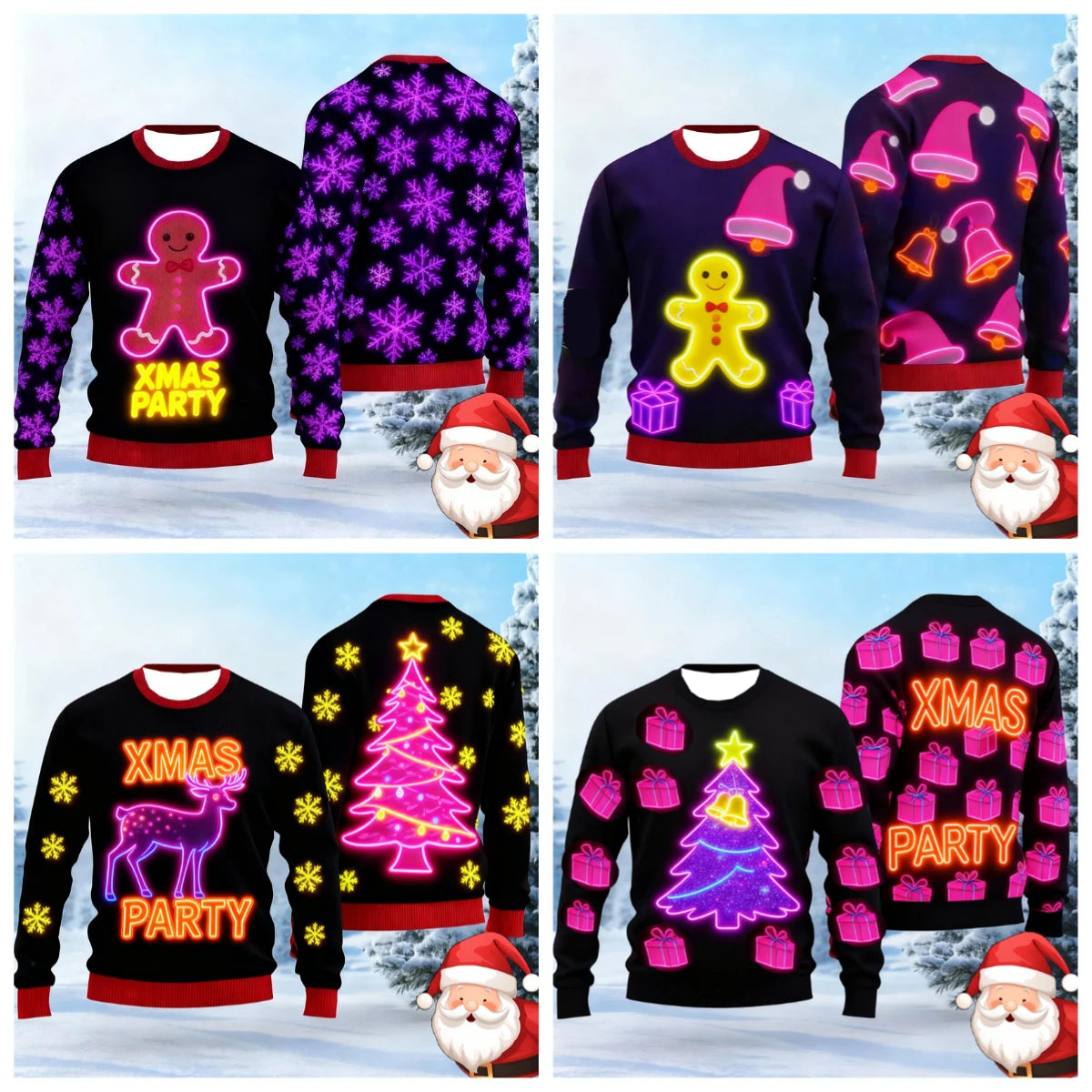 Maxy Neon Lights Ugly Christmas Sweater for Men Fashion Colorful Santa Xmas Tree Graphic Sweatshirt Casual Oversized Kids Tracksuit
