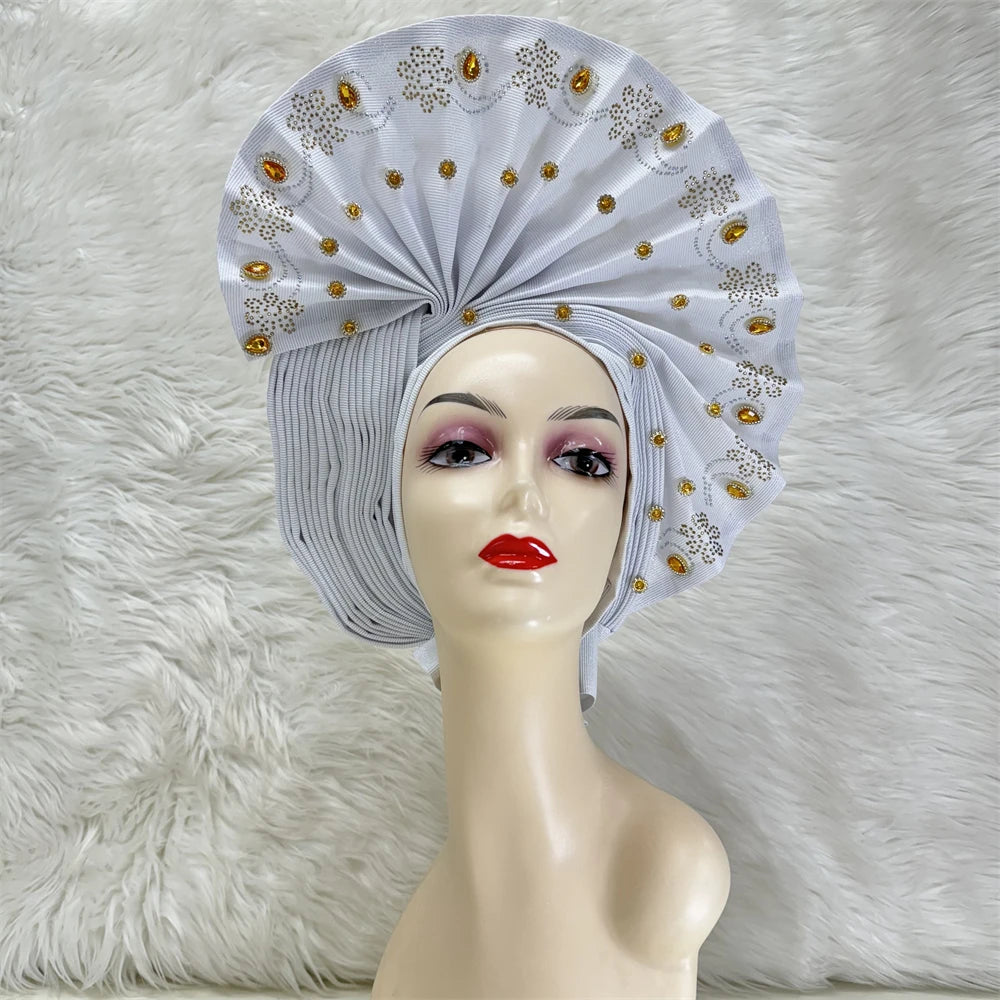 Maxy Luxury African Women’s Sego Head tie Crystal Stone Aso Oke Gele Aso Ebi Already Made Headtie Turban Cap Women Head Wear