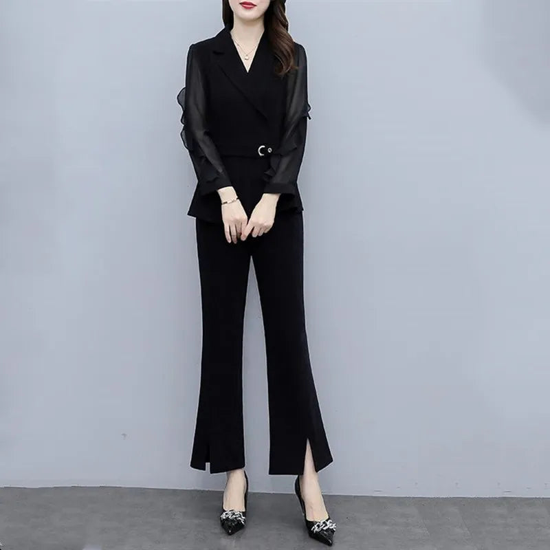 Maxy Women Oversize Solid Pants Sets New Spring Clothes Elegant V-Neck Long Sleeve Tops High Quality Female 2Pcs Outfits Suits