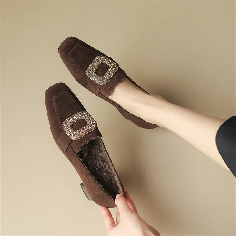Maxy New Autumn Sheep Suede Loafers French Square Toe Chunky Heels Winter Plush Women Pumps Shoes for Women Zaptos De Mujer