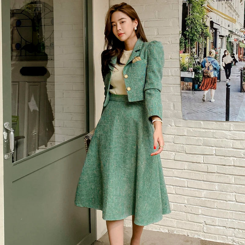 Maxy Women Two piece Set Korean Chic French Temperament V-neck Pearl Button Puff Sleeve Short Jacket + High Waist Swing Skirt Suits