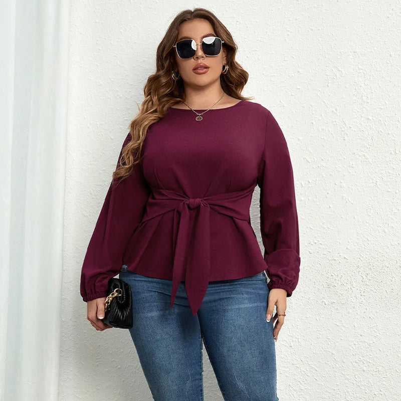 Maxy Plus Size Women Clothing O-Neck Solid Tops Fashion Elegant Long Sleeve Office Female Casual Large Size Lady Blouses