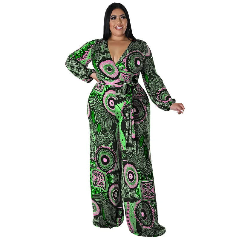 Maxy `1Plus Size Women Clothes Jumpsuit Spring Clothes Green Urban Leisure Bodysuit New Wide Leg