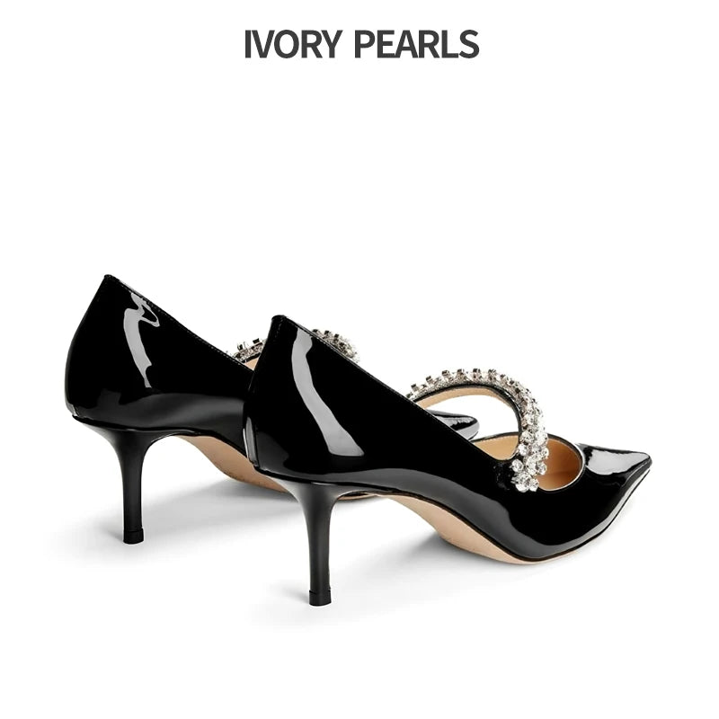 ViscoBright Black Single Shoes with Rhinestones Low Heels Patent Leather Women Dress Shoes Pointed Toe Stilettos with Ankle Strap