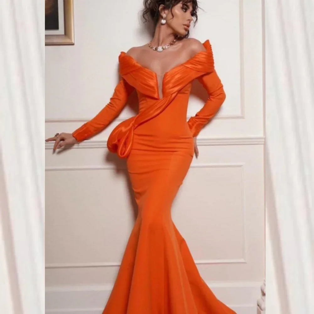 Maxy Customized Off the Shoulder Prom Dresses Rushed Mermaid Evening Dress Floor-Length Special Occasion Gown
