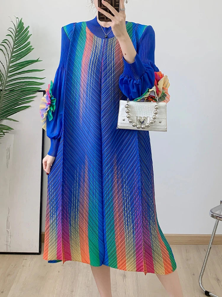 Maxy Miyake Pleated Elegant Dress Women Round Neck Spliced Fungus Long Sleeve High Stretchy Loose Dresses Spring New 6R0518