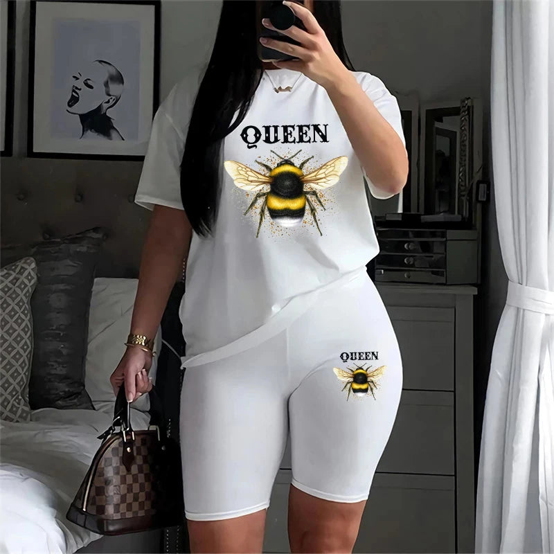 Zay Women Two Piece Set Summer Short Sleeve O-Neck Tee Tops Pencil Shorts Suits Tracksuits Outfit Graphic T Shirts Jogging Suits