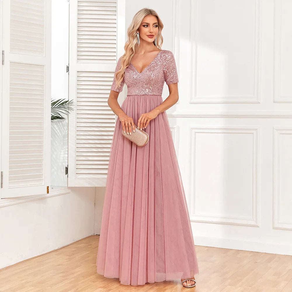 Maxy Ladies Elegant Short Sleeved Dress with Lace Embroidery V-neck A-line Sequin Evening Dress Bridesmaid Party Graduation Dres
