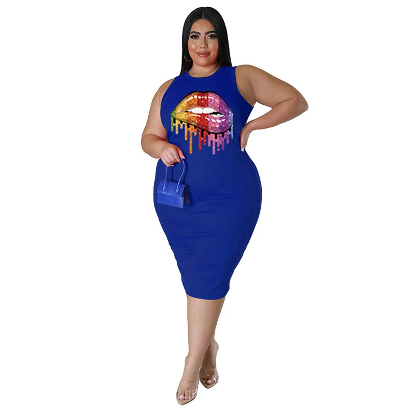 Wmstar Plus Size Dress for Women Clothing Summer Lip Print Bodycon Stretch Elegant Maxi Dresses Women Wholesale Dropshiping