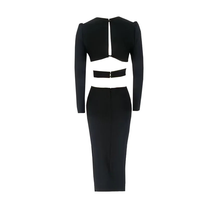 Maxy Women's Midi Bandage Dress V Neck Split Cut Out Elegant Bodycon Sexy Fashion Full Sleeve Dresses Club Evening Party Vestidos