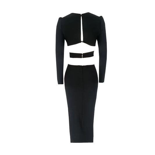 Maxy Women's Midi Bandage Dress V Neck Split Cut Out Elegant Bodycon Sexy Fashion Full Sleeve Dresses Club Evening Party Vestidos