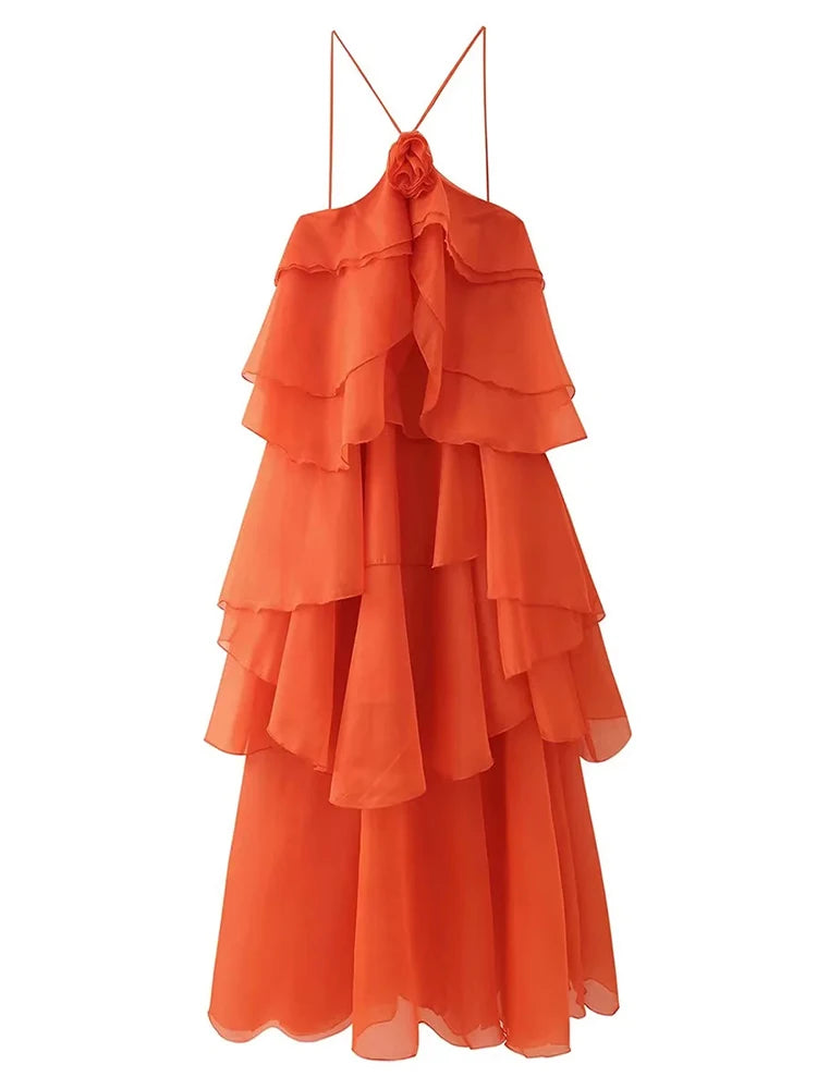 Maxy TWOTWINSTYLE Solid Spliced Ruffles Elegant Dresses for Women Halter Sleeveless High Wasit Backless Loose Dress Female Fashion