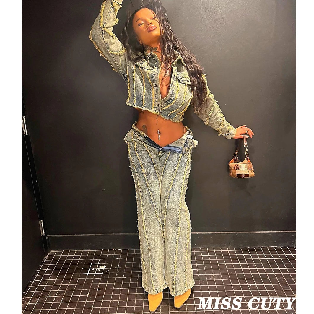 Maxy Two-Piece Denim Sets for Women Crop Jackets Ladies Y2K Streetwear Denim Coats Jeans Winter Outfits Two Piece Pant Sets