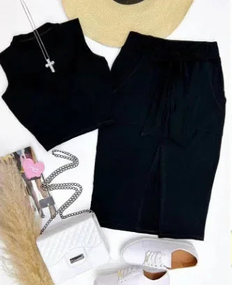 Maxy Skirt Set Women Dress Sets Two Piece Sets Bodycon Round Neck Sleeveless Crop Tops Mid Length Skirts Lace Up High Waist Splice