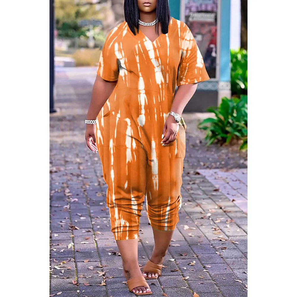Amay Plus Size Orange Daily Tie Dye Short Sleeves V Neck Jumpsuit