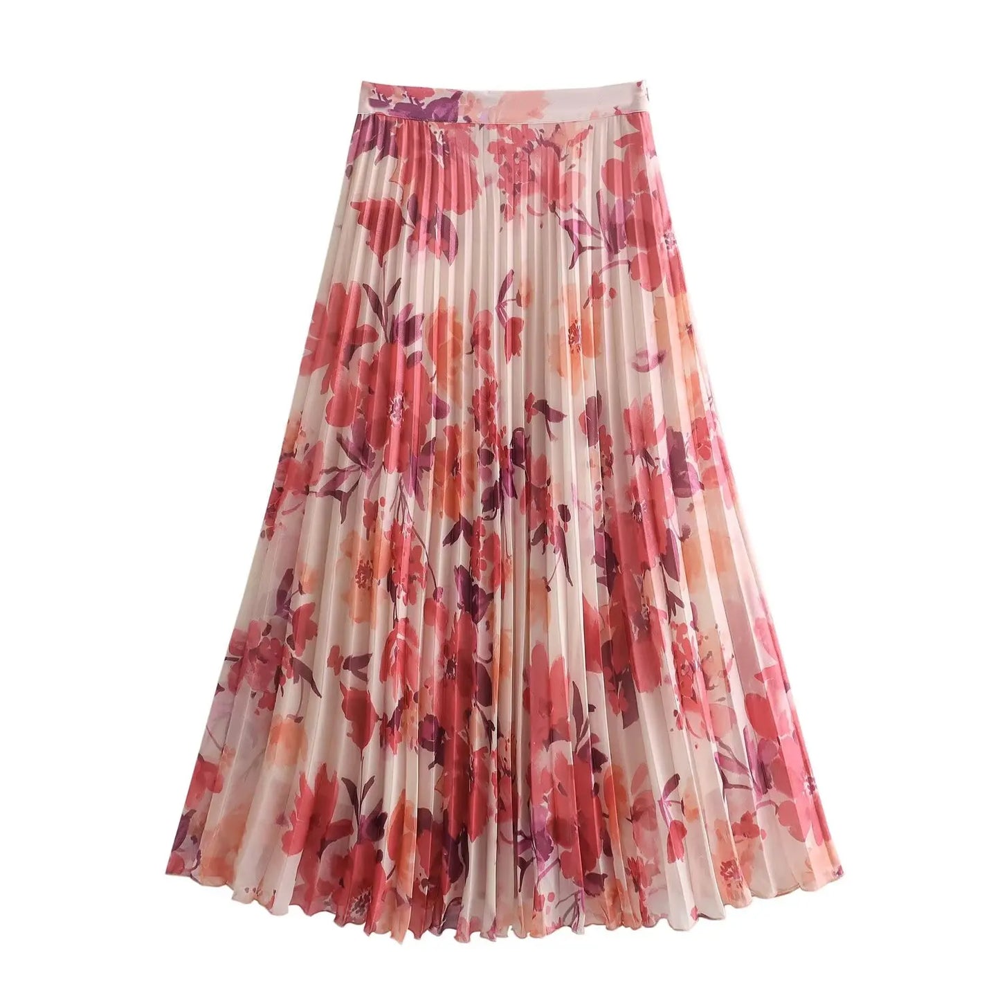 Maxy Spring Women Pink Print Short Sleeve Casual Blouses Women Button up Shirt+ A-Line Pleated Skirt Set For Beach Style