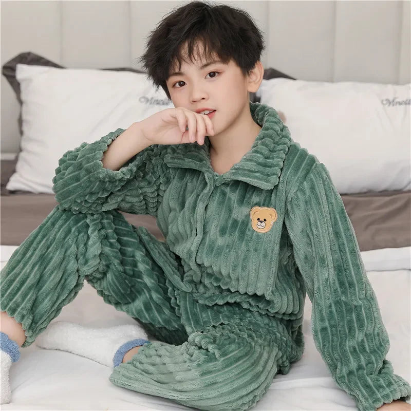 New Kids Max Pajama Sets Boys Girls Autumn Winter Thicken Warm Home Wear Cartoon Lapel Long Sleeve Sleeping Clothing Sets