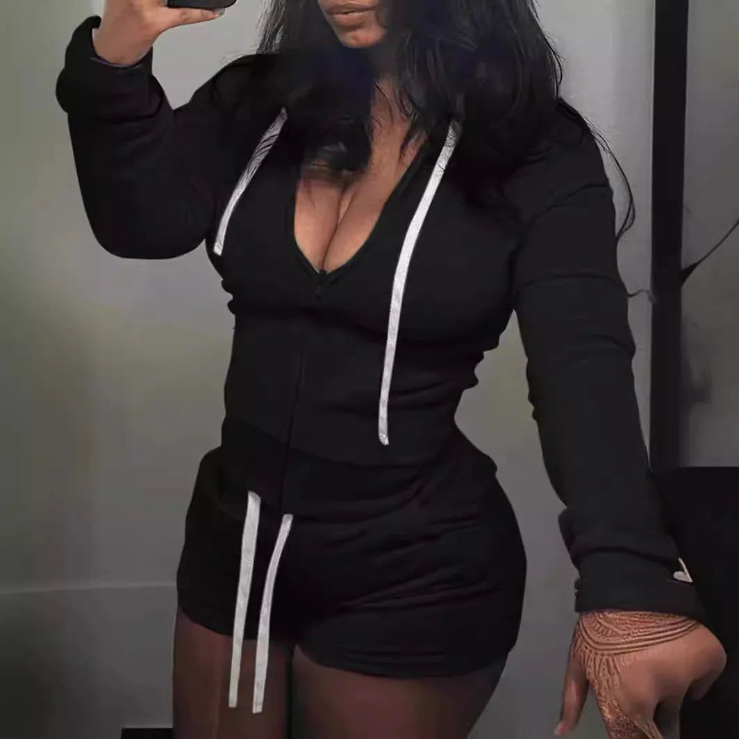 Maxy Casual Solid Hooded Zip Biker Shorts Tracksuits Women V Neck Long Sleeve Top And Shorts Two Piece Set Fashion Sporty Outfits