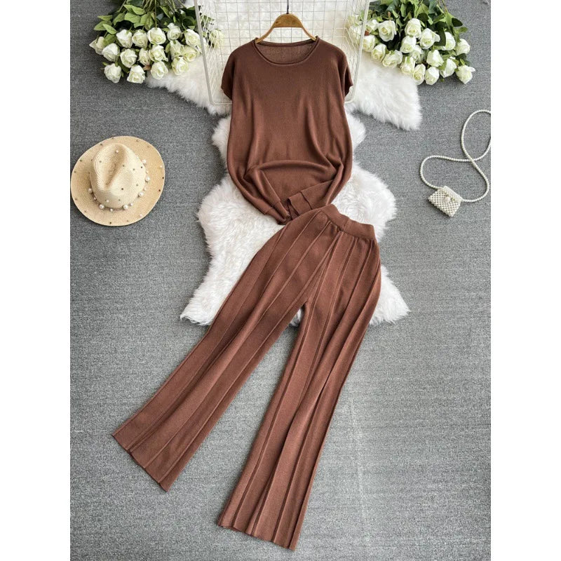 Maxy Fashion Pants Suit Women Korean-style Loose O Neck Knitted T-shirts Tops High Waist Straight Wide-leg Pants Women Two-piece Sets