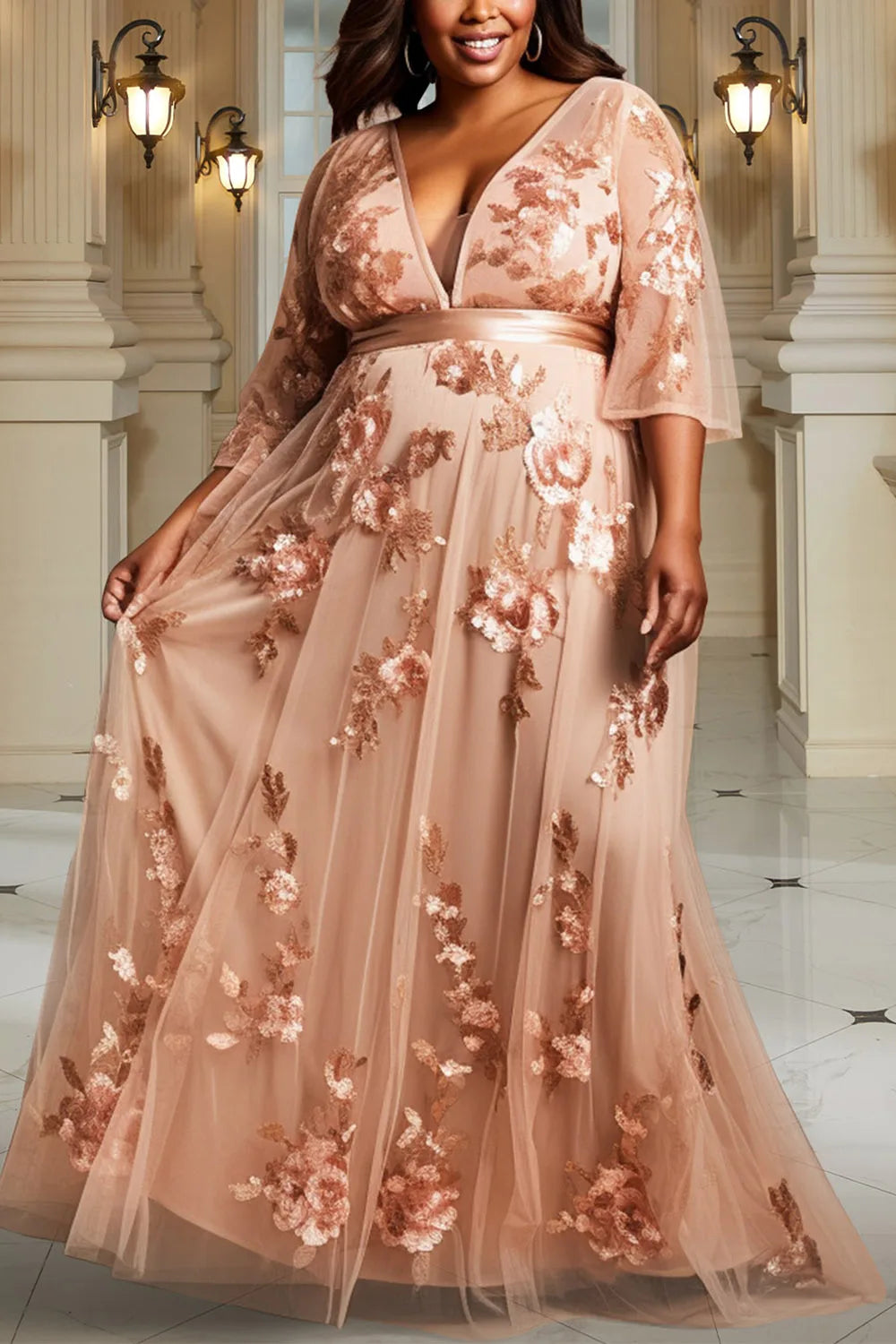 Maxy Plus Size Mother of The Bride Sequin Rose Gold V Neck Tulle Maxy Dresses