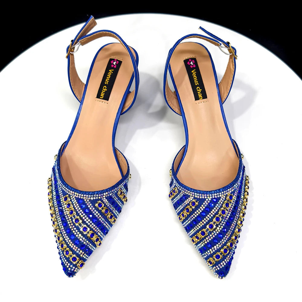 Maxy Summer New Design Specials Italian Women Shoes and Bag Set Blue Color Comfortable Low Heels With Rhinestone