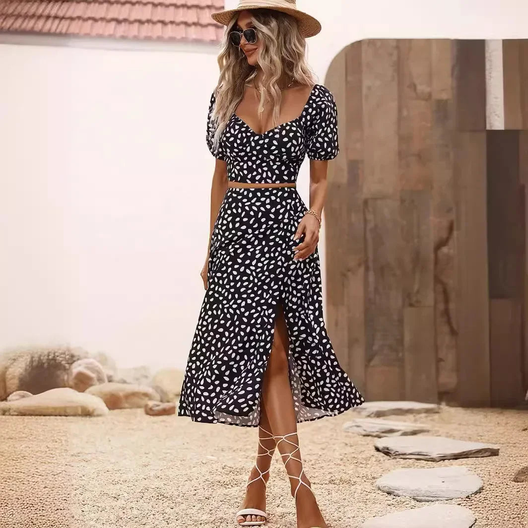 Maxy Woman Clothes Summer Printed Two Piece Sets Women Outifit Party Fashion V-neck Short Sleeve Tops and Long Slit Skirt Sets