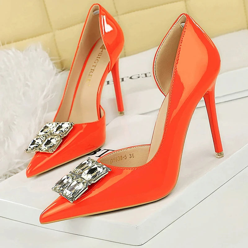 Visco BIGTREE Shoes NEW Luxury high heels Rhinestone Design Women Pumps Patent leather Female heels stilettos Fashion Sexy Party shoes