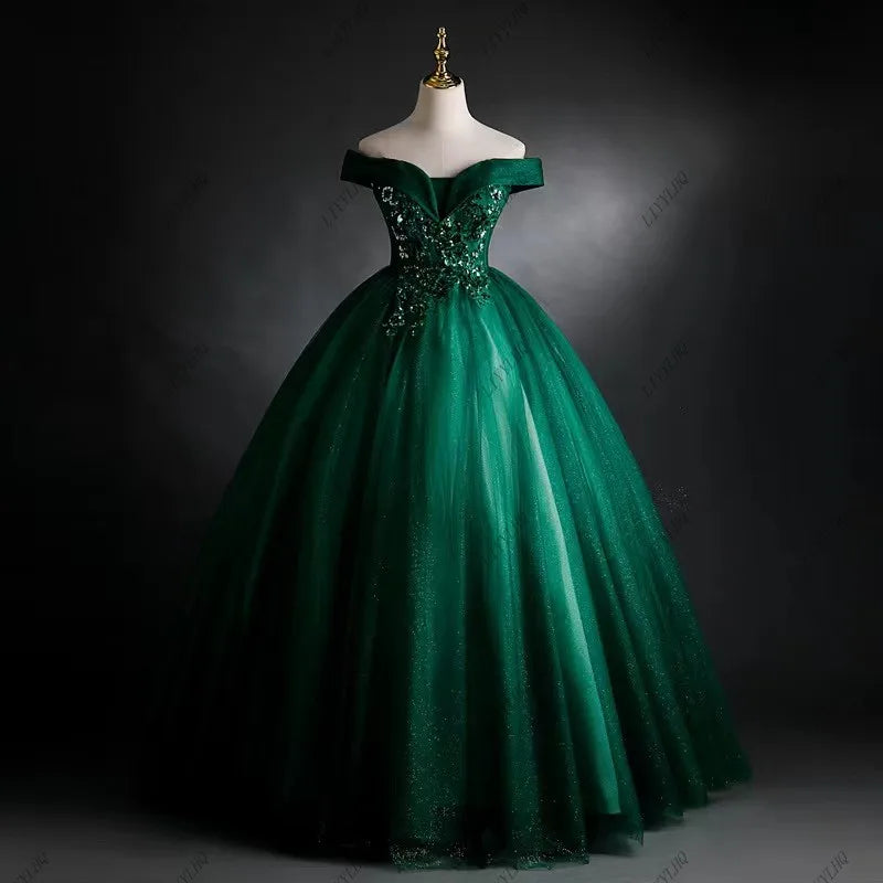 Maxy Dark Green Mexican Quinceanera Dresses Ball Gown Off the Shoulder Sequined Beading Tulle Birthday Vestidos De XV Anos Ball Gowns