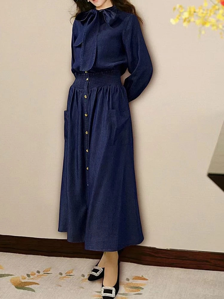 Maxy Retro autumn women's new blue denim bow collar long sleeve shirt+high waist pocket button skirt fashion suit