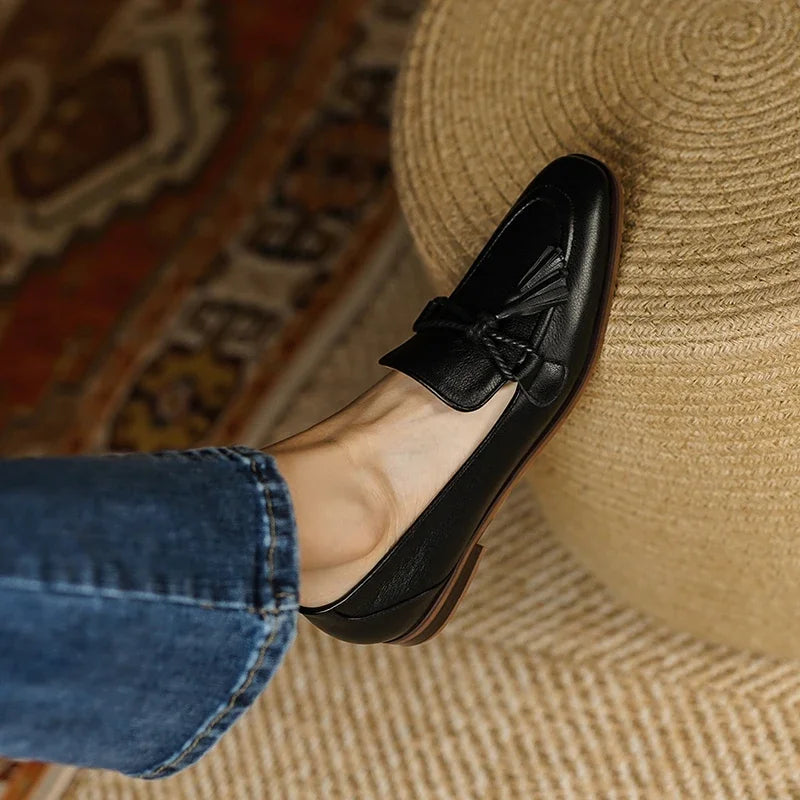 Maxy Spring Genuine Leather Women Shoes Casual Slip-On Loafers Comfortable Simple  Square Toe  Woman