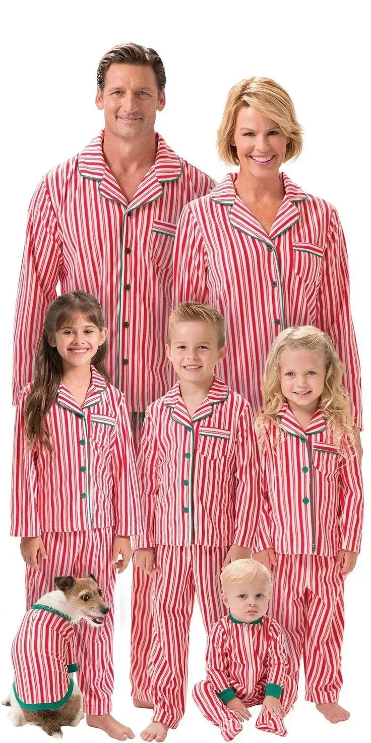 Family Christmas Pajamas Set Striped Print Mother Kids Matching Clothes Button Shirt+Trousers Children Clothing Xmas Look Pijama