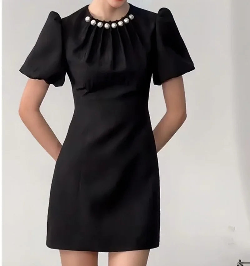 Summer New Arrival Fashion 2024 Women’s O-neck Short Sleeve Pleated Pearls Beading Elegant Black Mini Slim Dresses