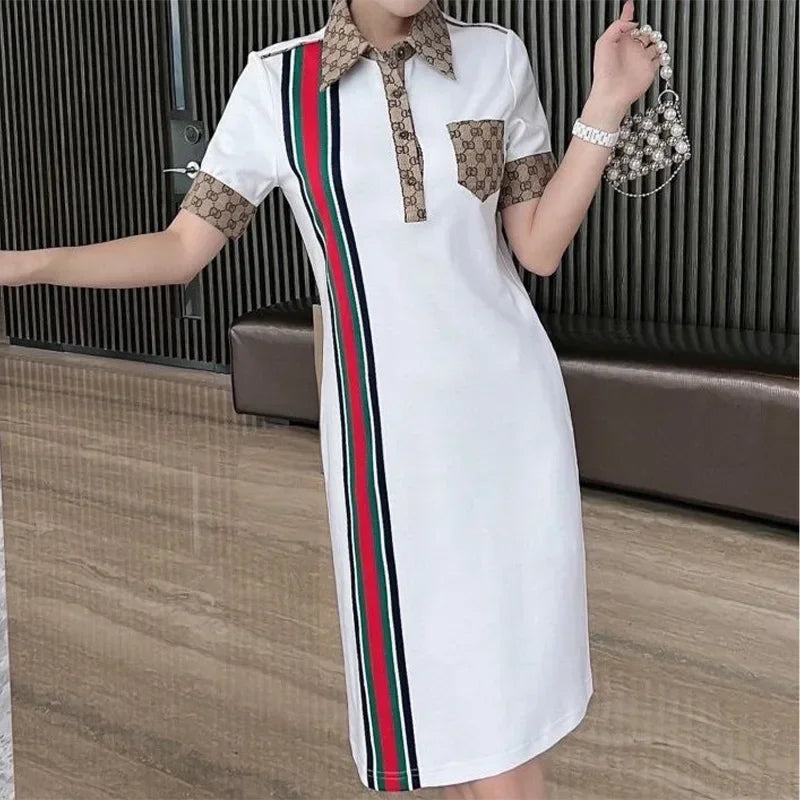 Maxy Female Tunics High Quality Dress Women Summer Korean Fashion Striped Slim Button Pockets Dresses