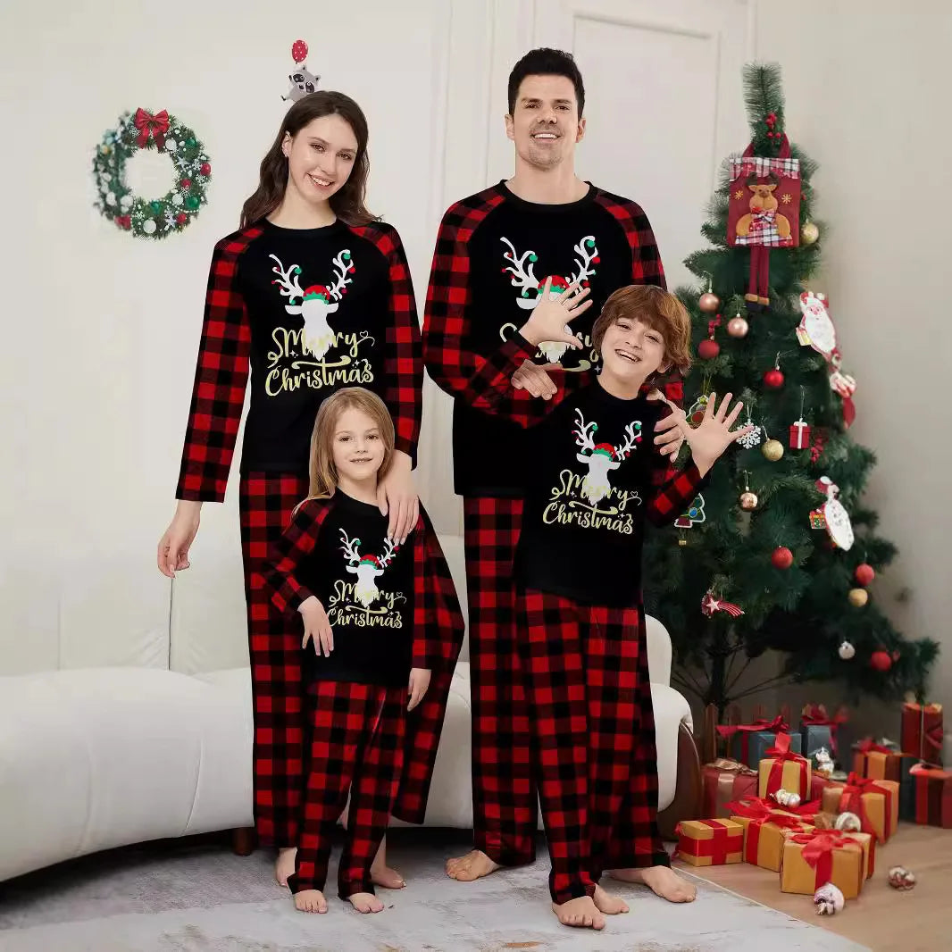 Maxy new autumn Christmas family suit, family pajamas set, round neck red and black check cute deer print long sleeve home suit