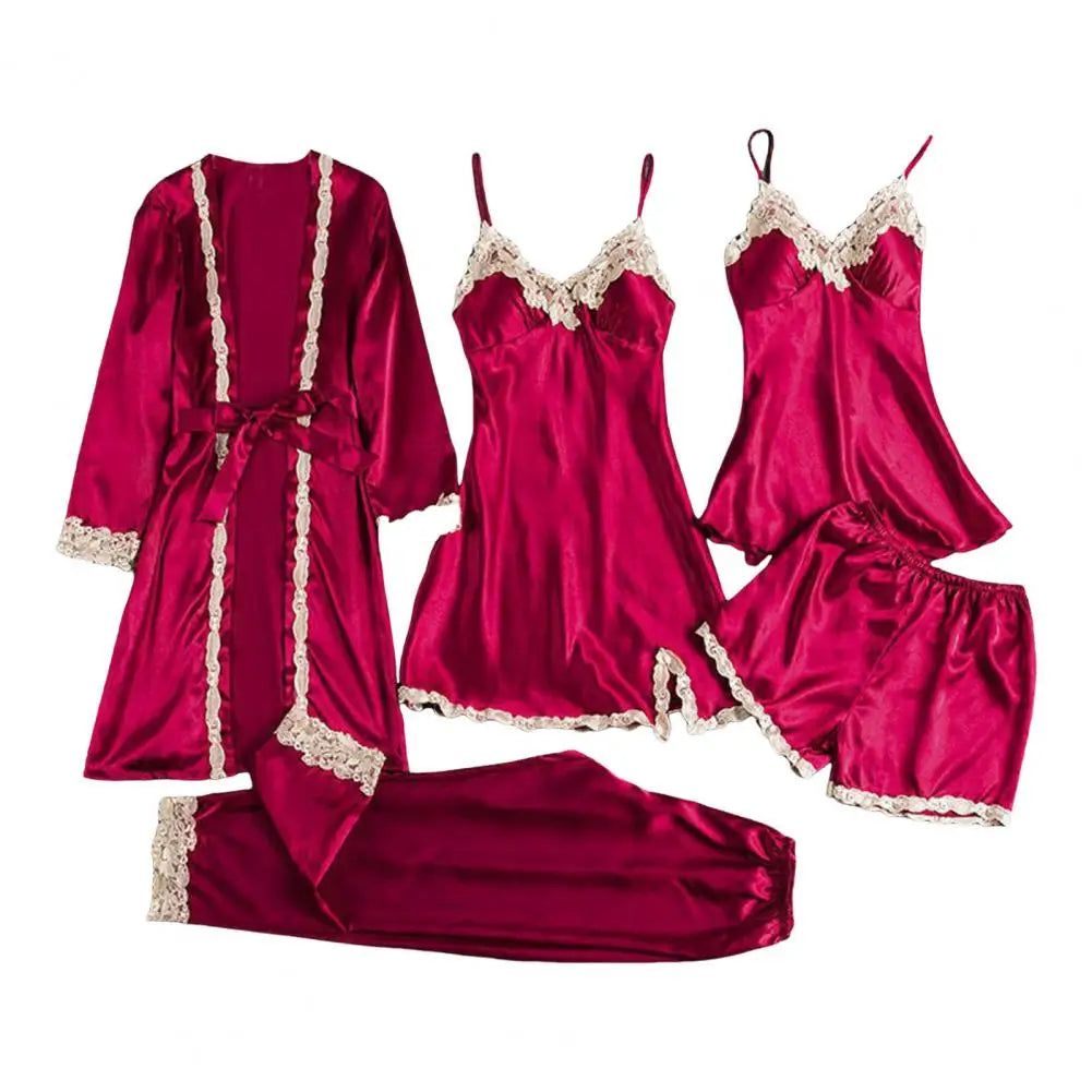 Women Satin Pajamas Elegant Satin Lace Pajama Set with Lace-up Waist 5-piece Nightwear Set for Women Silky Nightgown Shorts Set