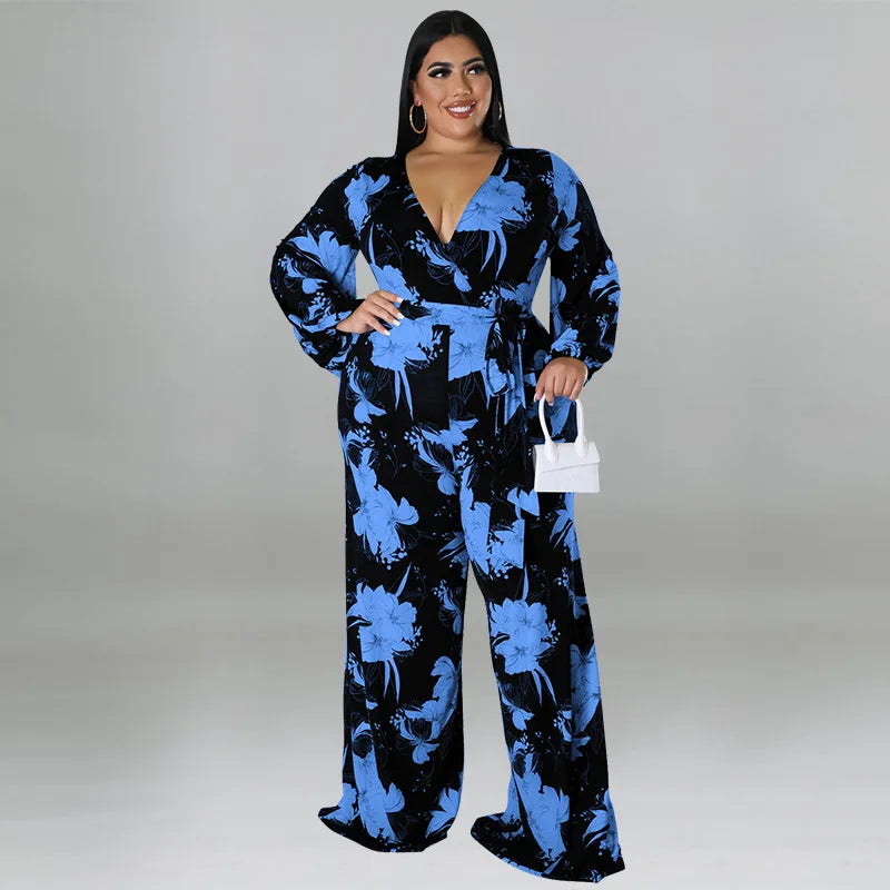 Amay Plus Size Floral Print Jumpsuit Female Casual Loose Elegant Clothing Women One Piece Outfit Autumn Fashion Wide Leg Pants