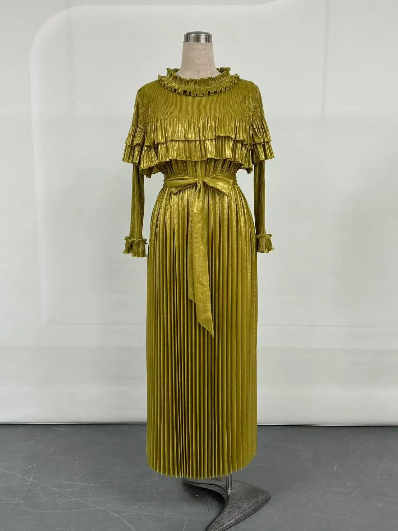 Maxy Fashion Plus Size Loose Gold Dress for Women Light Luxury Long Sleeve Lace-up Party Gown Casual Miyake Pleated Dress New