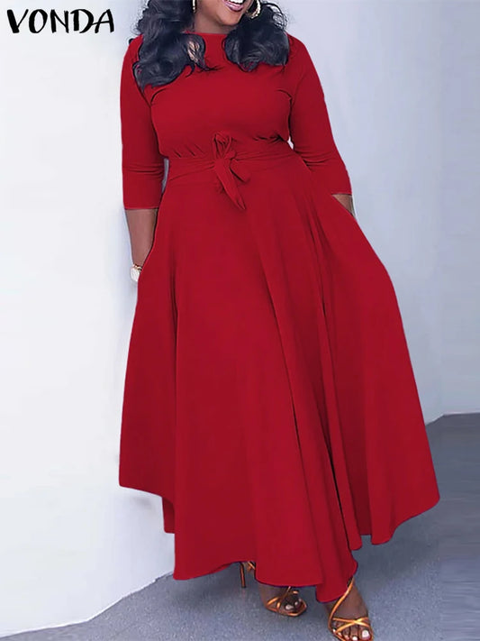 Maxy Plus Size 5XL Women Long Sleeve Elegant Dress Round Neck Solid Color A Line Belt Lace Up Party Evening Robe Femme