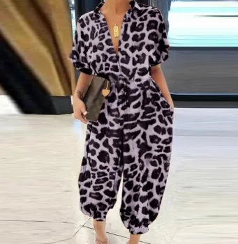 Amay Summer Fashion V-Neck Button Lace-Up Jumpsuit Short Sleeve Loose Playsuit Overalls Women Elegant Leopard Print Pocket Rompers