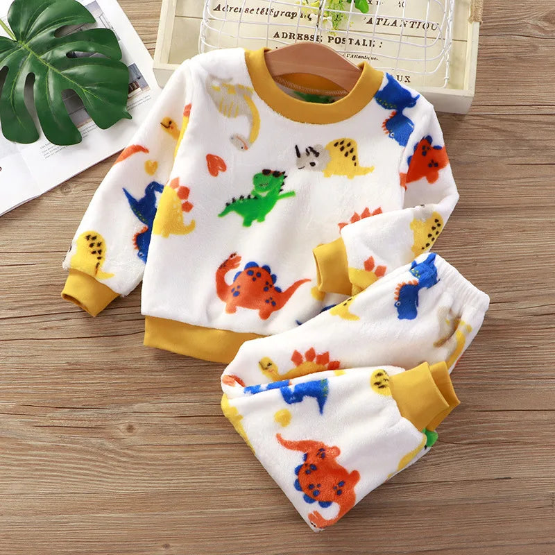 Maxy New 2024 Autumn Winter Kids Thick Warm Flannel Pajama Sets Baby Boys Girls Cartoon Long Sleeve O-neck Clothing Sleepwear Pyjamas