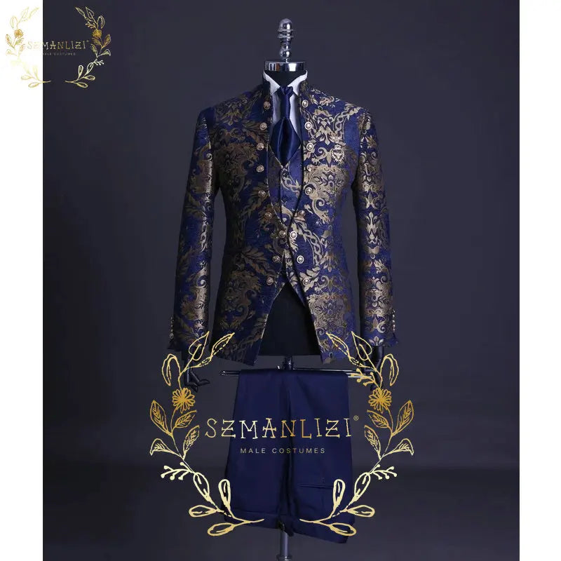 Visco Handsome Blue Gold Floral Rim Stage Men Suit Set Stand Collar Men's Suits (Jacket+pants+vest)