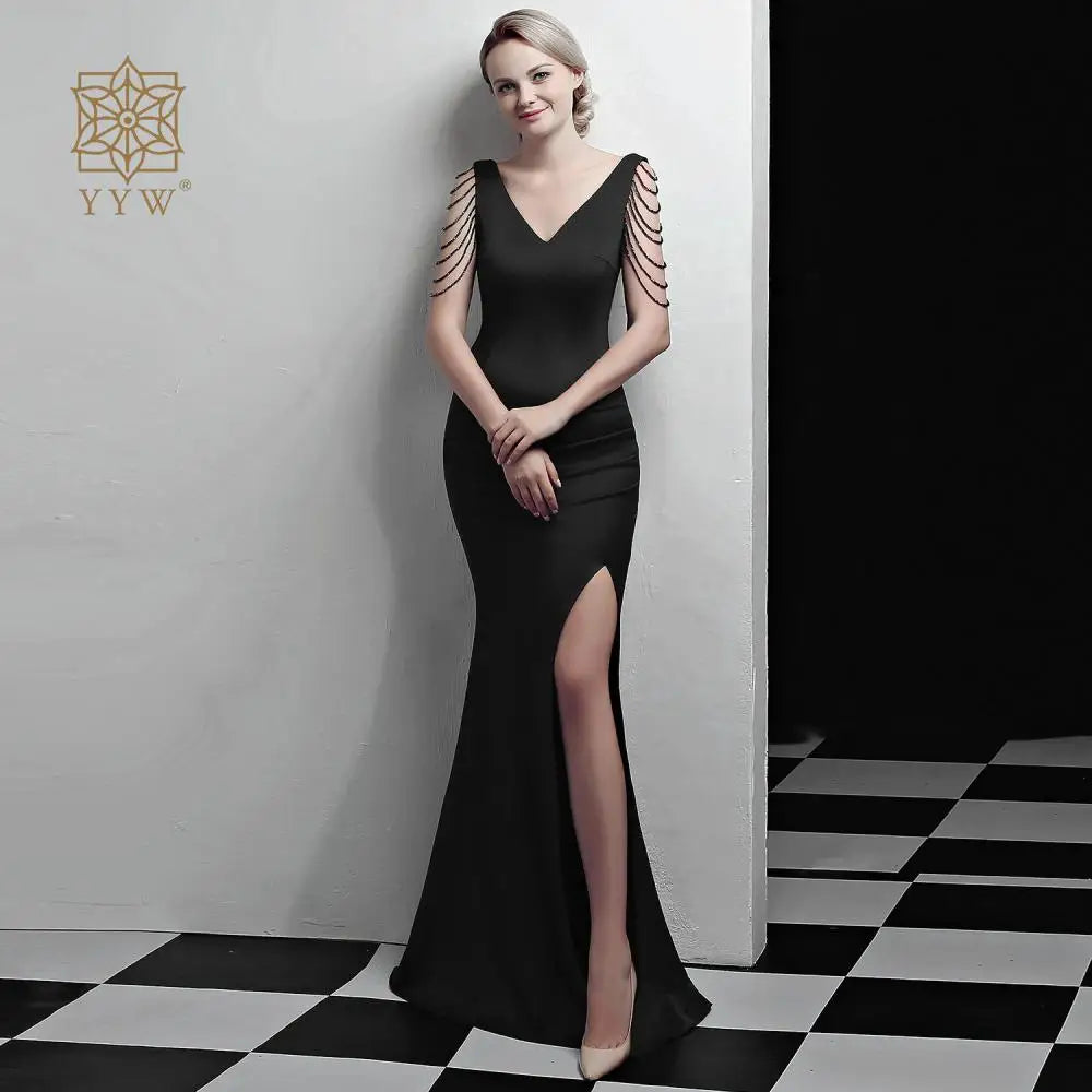 Maxy Evening Dress for Women Classic Beading V Neck Mermaid Ball Gown Satin Cocktail Party Vintage Elegant Long Maxy Side Slip Robe