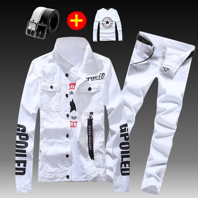 Visco Men's Slim Fit Denim Jacket Pants 2pcs Set Long Sleeve Coats Letters Printed Casual Large Size Black White Red Boys Trousers