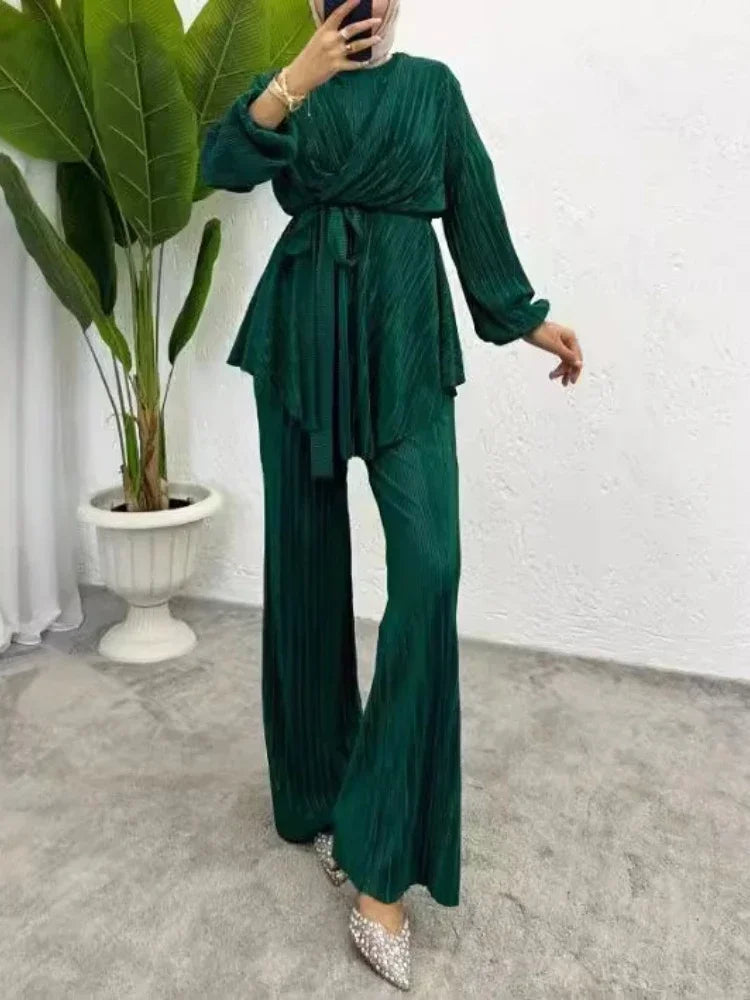 Two Piece Set Muslim Women Modest Top Wide Leg Pants Solid Suit Morocco Dubai Temperament Ensemble Arabic Elegant Outfits