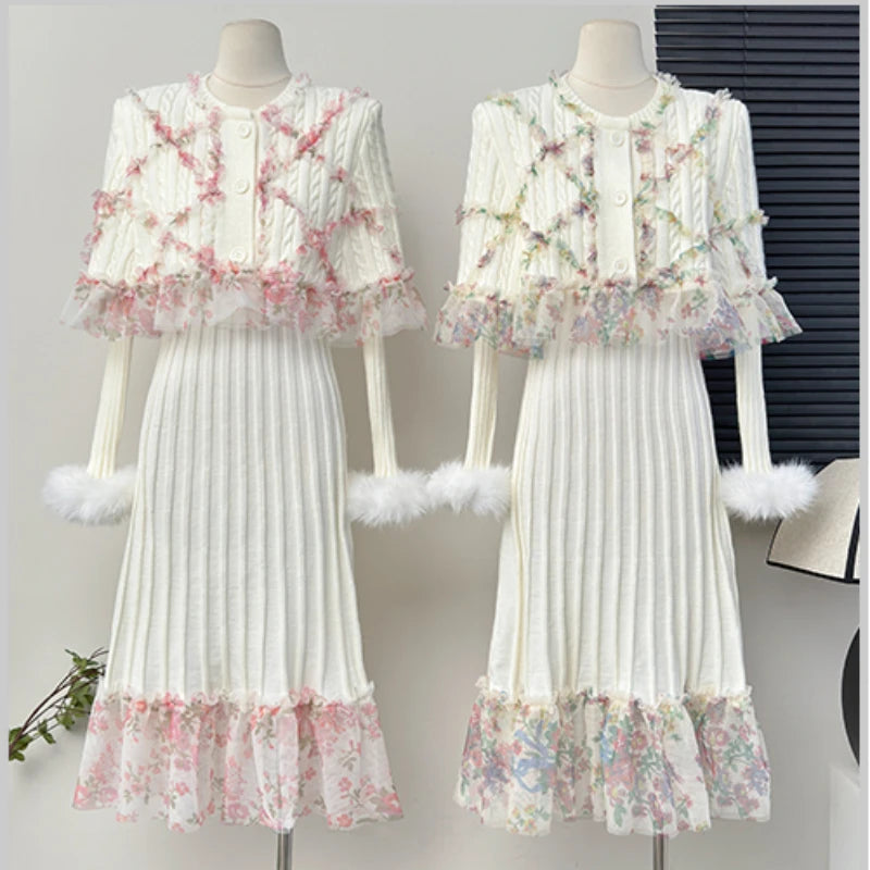 Women Mesh Splicing Ruffles Pleated Knit Dress Faux Fur Edges Long Sleeve V-neck Pullover + Shawl Coat Cloak Cardigan 2Pcs Set