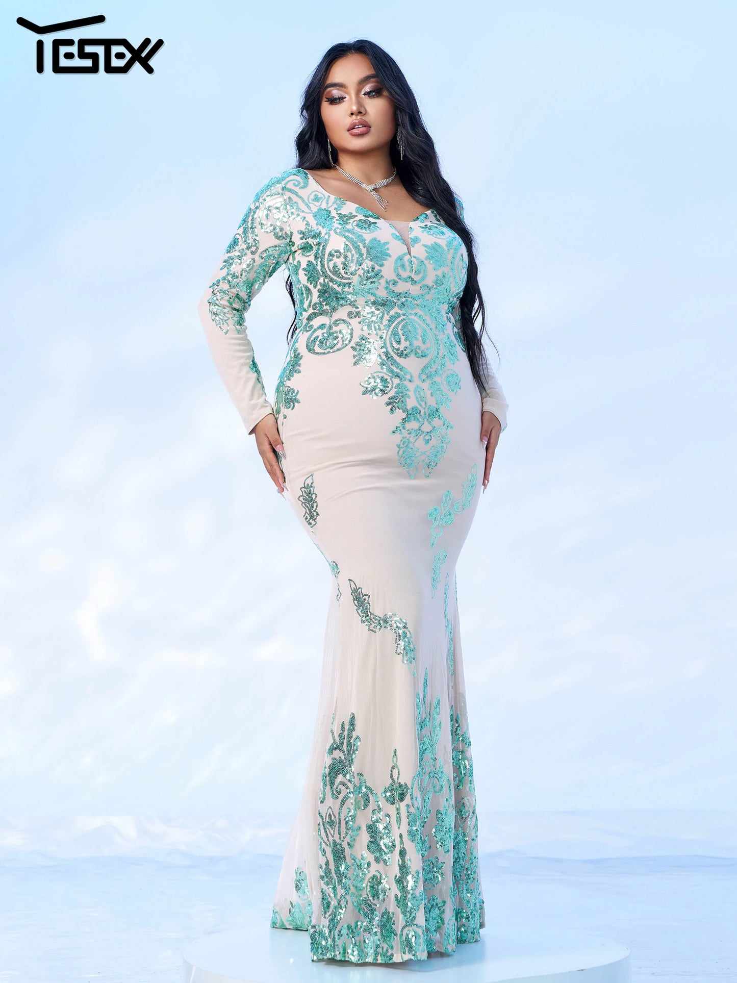 Maxy Yerex New Plus Size Green Long Sleeves Sequin Mermaid Evening Gown Graduation Wedding Birthday Party Formal Occasion Dresses