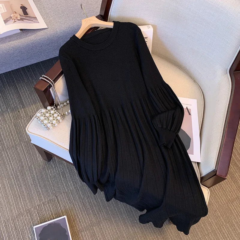Maxy Women Basics Long Sleeves Elegant O-neck Casual Loose Knitted Sweater Long Dresses Office Lady Autumn Winter Plus Size Clothing