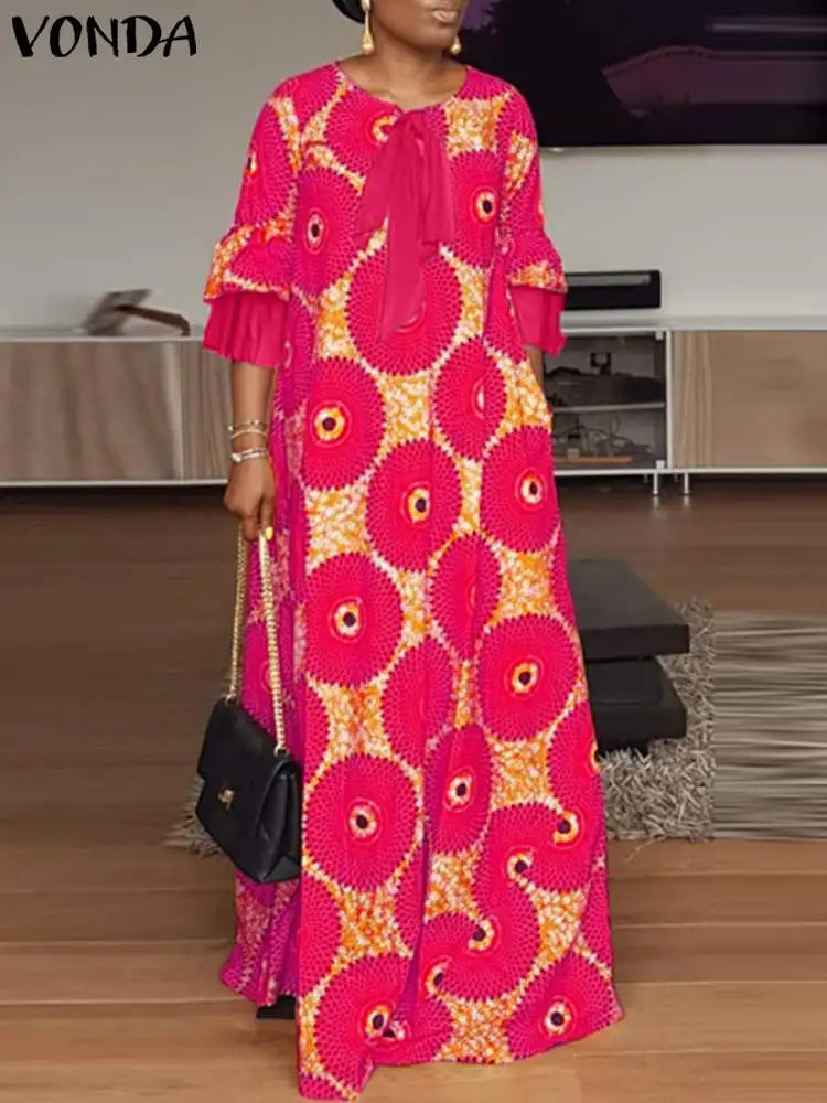 Maxy Plus Size 5XL Bohemian Women Printed Maxy Dress Elegant Vintage Sundress Casual Bow Flare Sleeve Long Shirt Vestidos