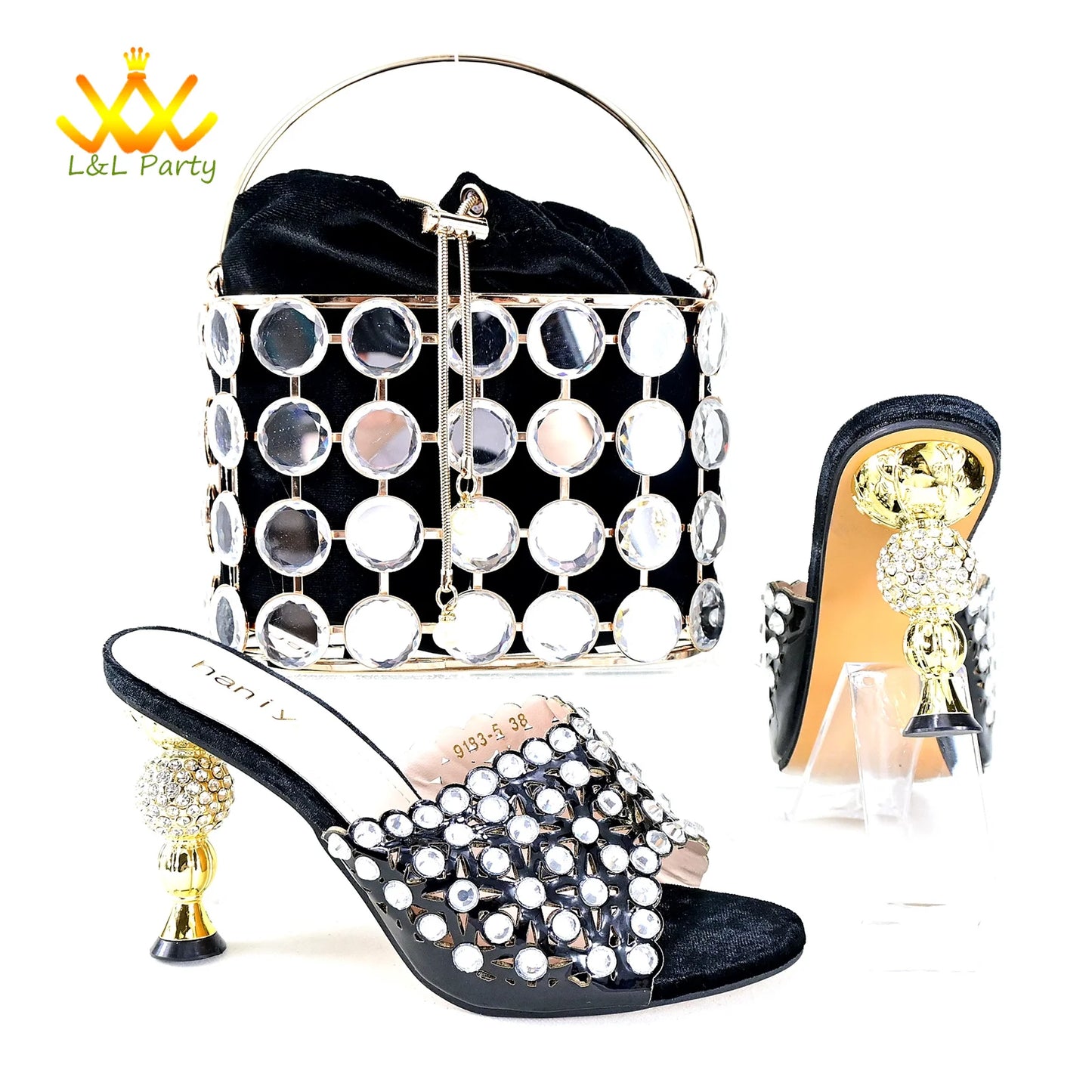 Maxy Gold Specials Heels with Crystal High Quality New Arrivals Spring Women Shoes and Bag Set for Wedding