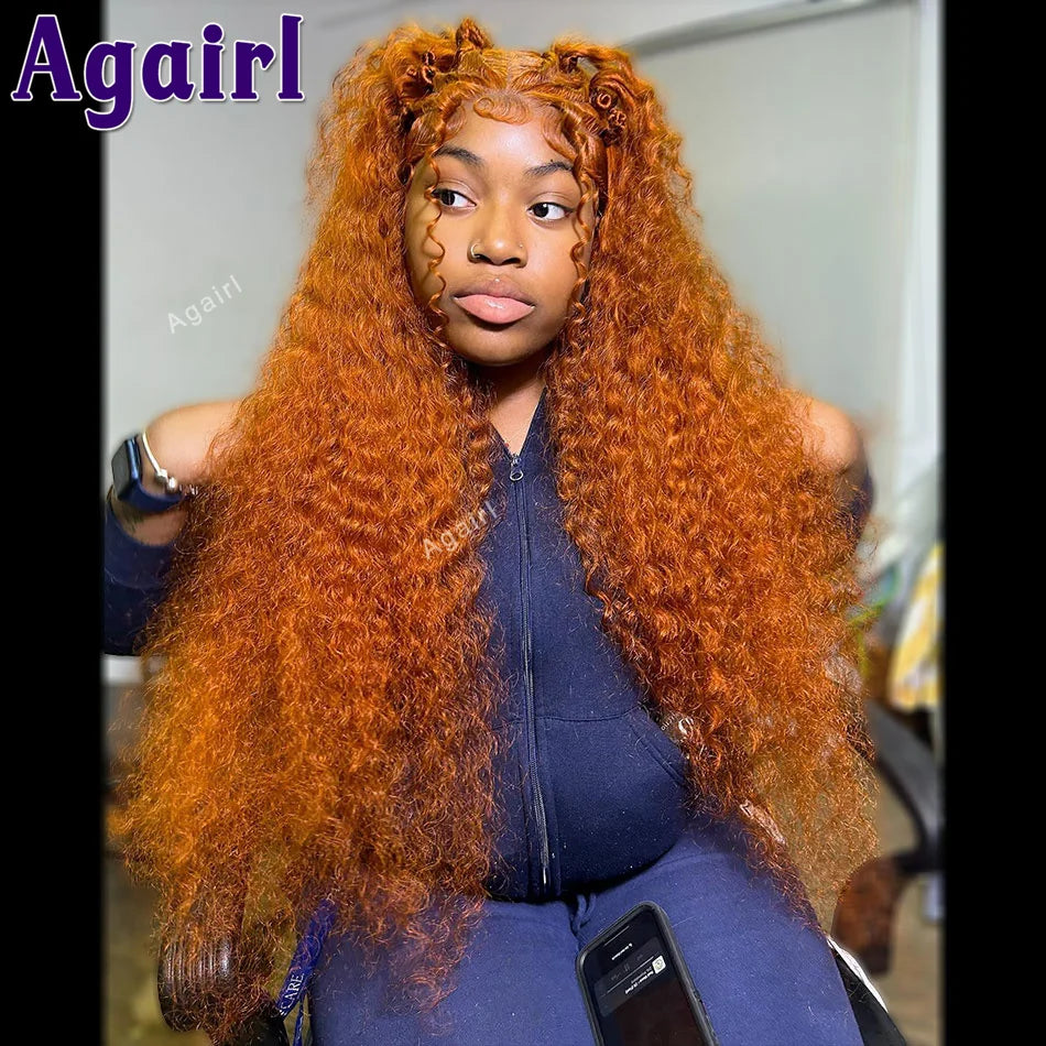 Maxy Orange Ginger 200% Density 13X6 Transparent Water Wave Human Hair Lace Frontal Wig 30 32 Inches 13X4 Kinky Curly Lace Front Wigs